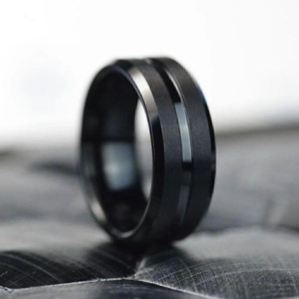 Men's Black Groove Wedding Ring Band - Grooved Black Wedding Ring For Guys - Picture 3 of 6